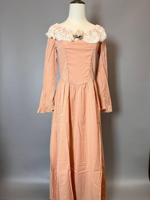 Pink Regency Era Dress with Lace - Pink Maxi Dress with Long Sleeves and Flower Accessories- Regency Dress Plus Size
